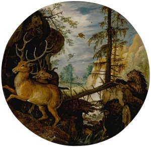 A lion hunting two deer by Roelant Savery Oil Painting