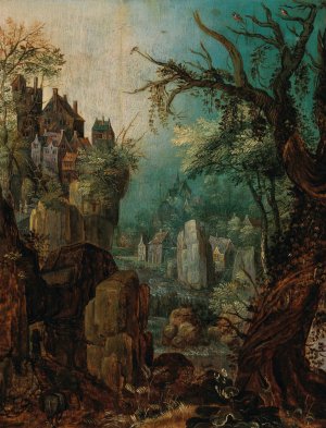 A mountainous river landscape with a peasant leading two donkeys, a village beyond by Roelant Savery Oil Painting
