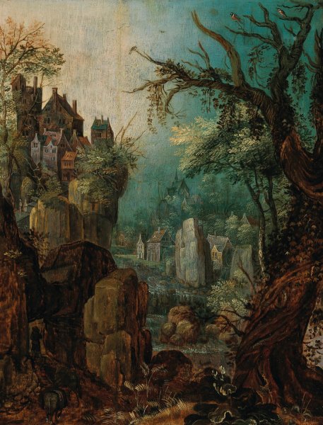 A mountainous river landscape with a peasant leading two donkeys, a village beyond by Roelant Savery - Hand-Painted Oil Painting Reproduction