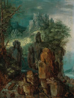 A mountainous river landscape with figures and goats, a village beyond Oil painting by Roelant Savery