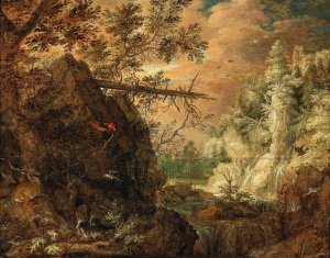 A rocky wooded landscape with a waterfall by Roelant Savery Oil Painting