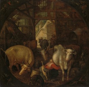 Cows in a stable; witches in the four corners by Roelant Savery Oil Painting
