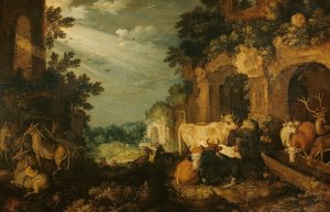 Landscape with ruins, cattle and deer by Roelant Savery Oil Painting