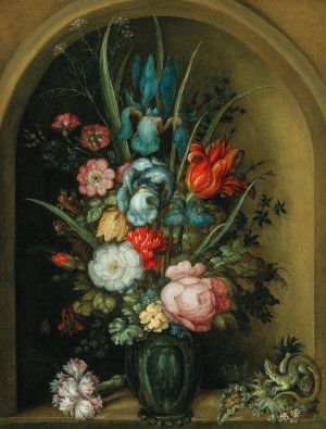 Mixed flowers in a glass vase with a lizard nearby by Roelant Savery Oil Painting