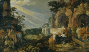 Paradise Landscape With Horses, Cows, Goats And Herders by Roelant Savery Oil Painting