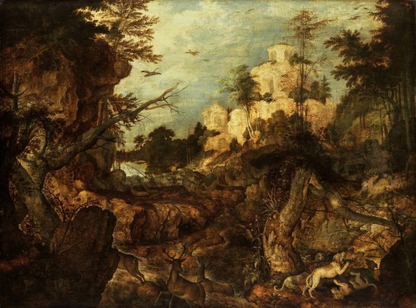 Wild boar hunt in a rocky landscape  by Roelant Savery - Hand-Painted Oil Painting Reproduction