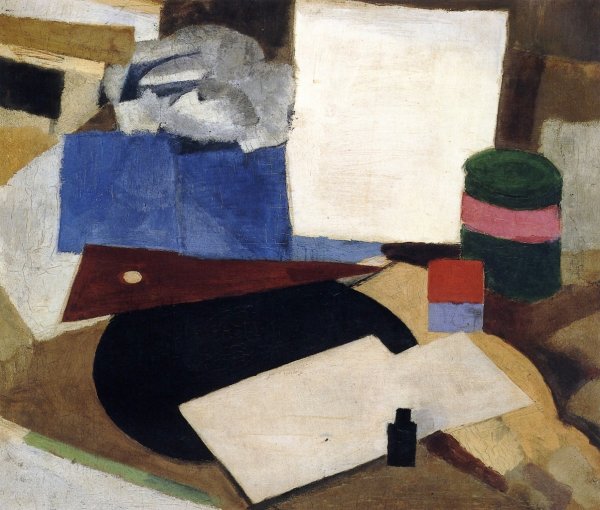 Main Product Photo of Nature Morte a l'Equerre sur Disque Noir, avec Bouteille d'Encre Painting by Roger De La Fresnaye