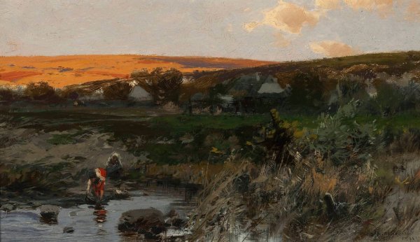 Landscape at sunset  by Roman Kazimierz Kochanowski - Hand-Painted Oil Painting Reproduction