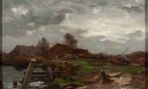 Landscape - Cottages at Waterside by Roman Kazimierz Kochanowski Oil Painting