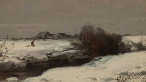 Winter landscape with a stream by Roman Kazimierz Kochanowski Oil Painting