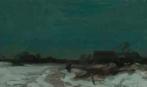 Winter landscape with cottages by Roman Kazimierz Kochanowski Oil Painting