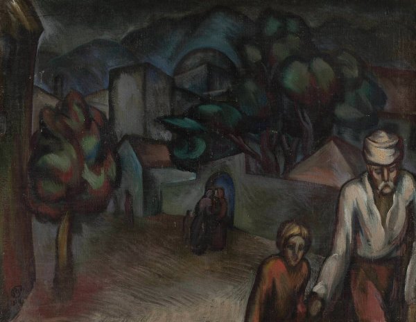 City landscape with figures  by Roman Petrovic - Hand-Painted Oil Painting Reproduction