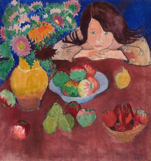 Little girl at a table with fruit by Romuald Kamil Witkowski Oil Painting