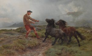 A Ghillie And Two Shetland Ponies In A Misty Landscape by Rosa Bonheur Oil Painting
