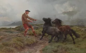 A Ghillie And Two Shetland Ponies In A Misty Landscape by Rosa Bonheur Oil Painting