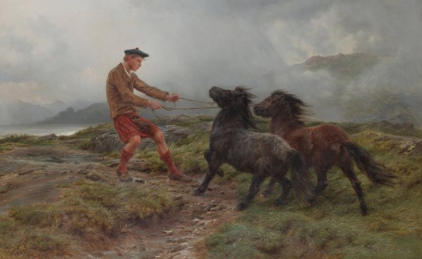 A Ghillie And Two Shetland Ponies In A Misty Landscape by Rosa Bonheur - Hand-Painted Oil Painting Reproduction