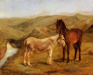 A Horse and Donkey in a Hilly Landscape by Rosa Bonheur - Oil Painting Reproduction