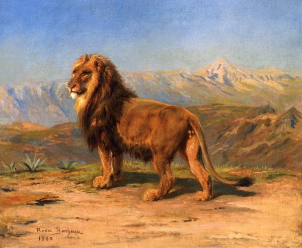 Lion in a Mountainous Landscape by Rosa Bonheur - Hand-Painted Oil Painting Reproduction