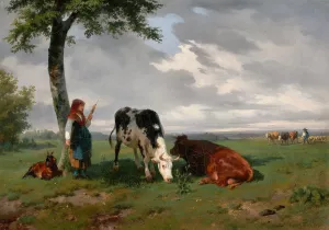 Shepherdess and Two Cows in a Meadow by Rosa Bonheur Oil Painting