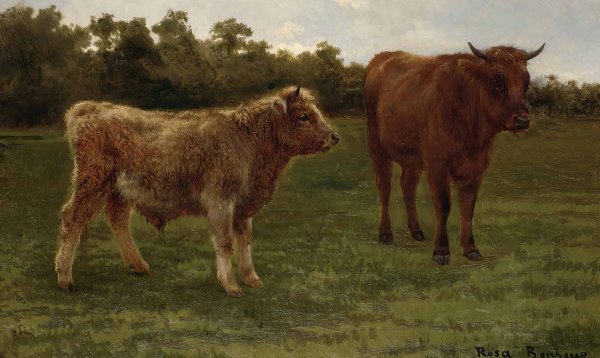 Two Cows Grazing by Rosa Bonheur - Hand-Painted Oil Painting Reproduction