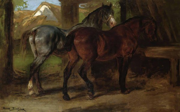 Two Horses In A Stable by Rosa Bonheur - Hand-Painted Oil Painting Reproduction