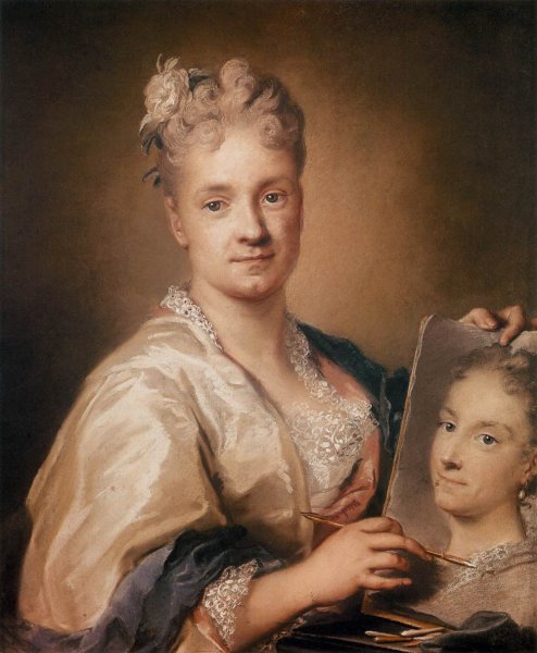 Main Product Photo of Self-Portrait Holding a Portrait of Her Sister Painting by Rosalba Carriera