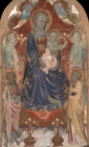 Virgin and Child with Saint John the Baptist, Saint Peter, and Two Angels by Rossello Di Jacopo Franchi Oil Painting