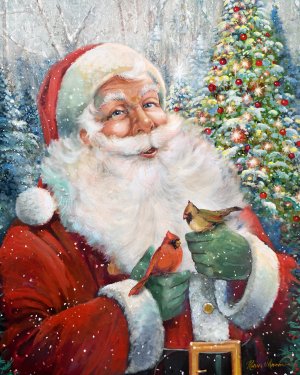 Santa and Cardinals by Ruane Manning Oil Painting