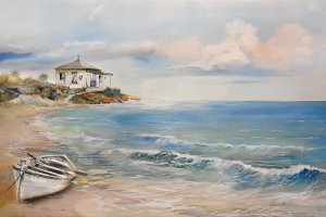 Shoreline Rowboat by Ruane Manning Oil Painting