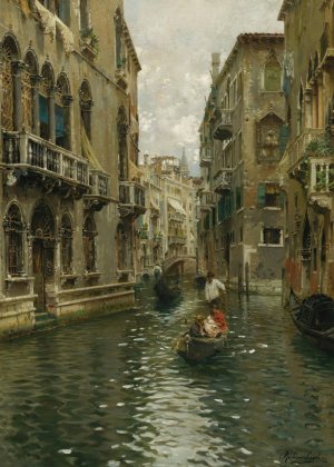 A Family Outing On A Venetian Canal by Rubens Santoro Oil Painting