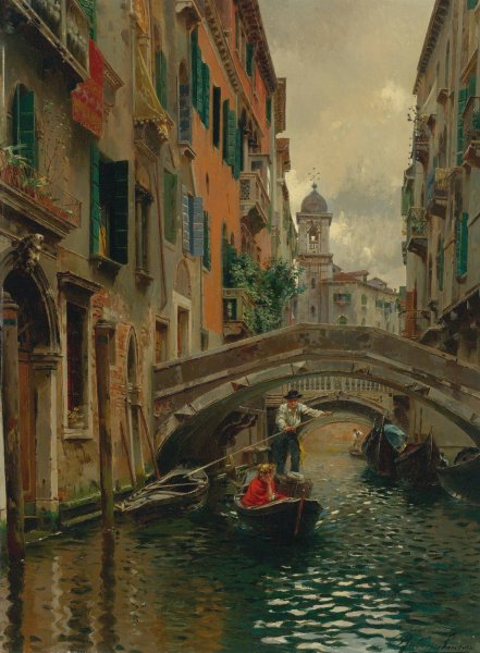 A Quiet Canal, Venice by Rubens Santoro - Hand-Painted Oil Painting Reproduction