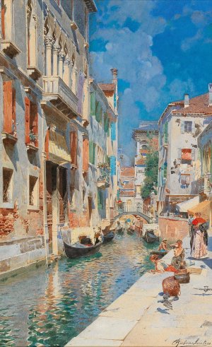 A Venetian canal by Rubens Santoro Oil Painting