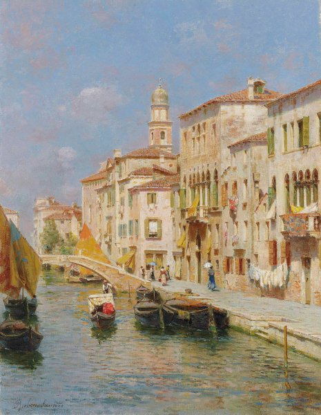 Canal in Venice by Rubens Santoro - Hand-Painted Oil Painting Reproduction