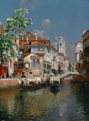 Gondolas On A Venetian Canal, Santa Maria Della Salute In The Distance by Rubens Santoro Oil Painting