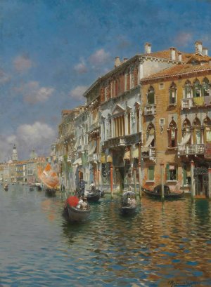 Gondolas On The Grand Canal, Venice by Rubens Santoro Oil Painting