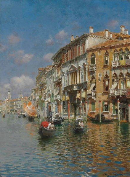 Gondolas On The Grand Canal, Venice by Rubens Santoro - Hand-Painted Oil Painting Reproduction