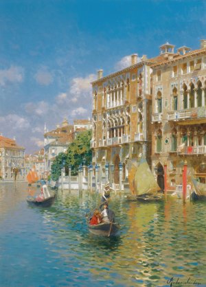Gondoliers In Front Of The Palazzo Cavalli-Franchetti, Venice by Rubens Santoro Oil Painting