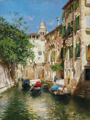 Gondoliers on a Venetian canal by Rubens Santoro Oil Painting