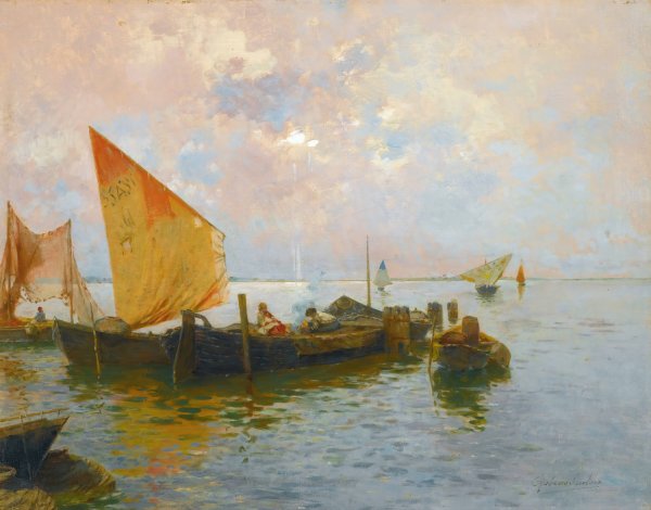 Sailing Boats On The Lagoon, Venice by Rubens Santoro - Hand-Painted Oil Painting Reproduction