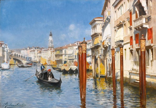 The Grand Canal With The Rialto Bridge, Venice by Rubens Santoro - Hand-Painted Oil Painting Reproduction
