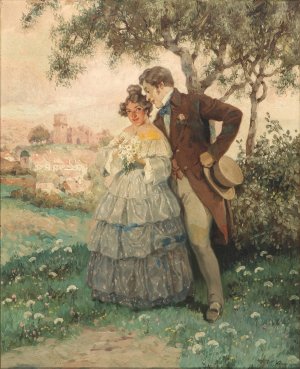 Kaerestepar under traeet. I baggrunden byen Durnstein by Rudolf Alfred Hoger Oil Painting