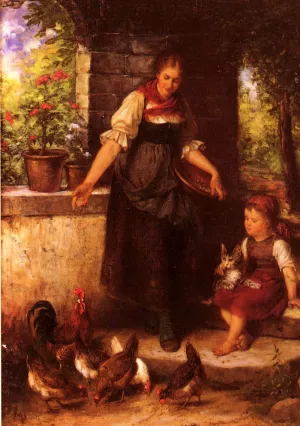 Feeding the Chickens by Rudolf Epp Oil Painting