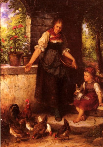 Feeding the Chickens by Rudolf Epp - Hand-Painted Oil Painting Reproduction