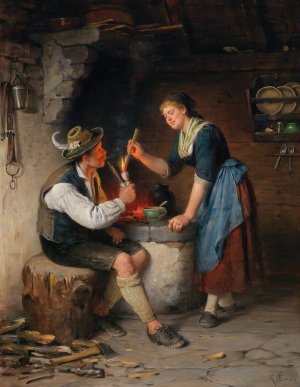 Young Couple by the Fireplace by Rudolf Epp Oil Painting