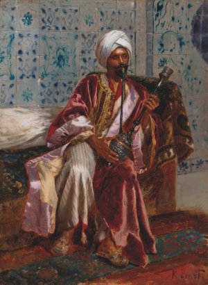 Arab smoking a nargilah by Rudolf Ernst Oil Painting