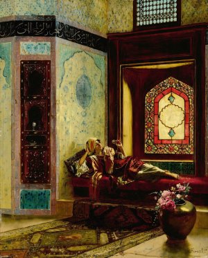 Languorous oriental lady with a rose by Rudolf Ernst Oil Painting