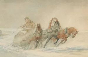 A Russian Troika In The Snow by Rudolf Fedorovich Frentz Oil Painting