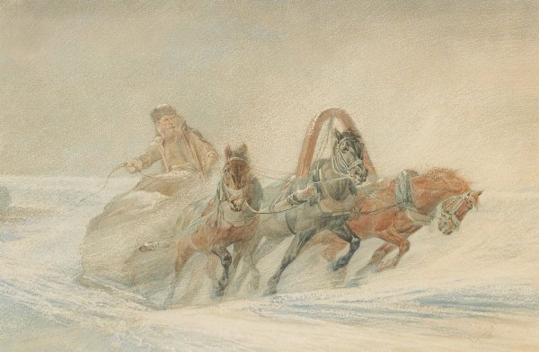 A Russian Troika In The Snow  by Rudolf Fedorovich Frentz - Hand-Painted Oil Painting Reproduction