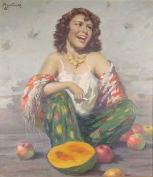 Zigaretten rauchende Zigeunerin mit Obst by Rudolf Jelinek Oil Painting