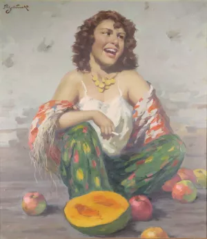 Zigaretten rauchende Zigeunerin mit Obst by Rudolf Jelinek Oil Painting